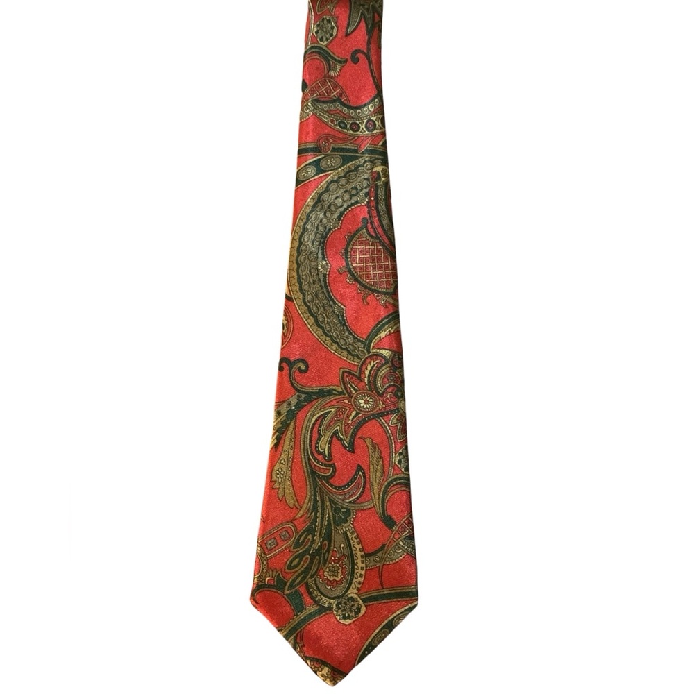 Indian Head tie. No materials tag. Red with very pretty gold pattern. EUC.
